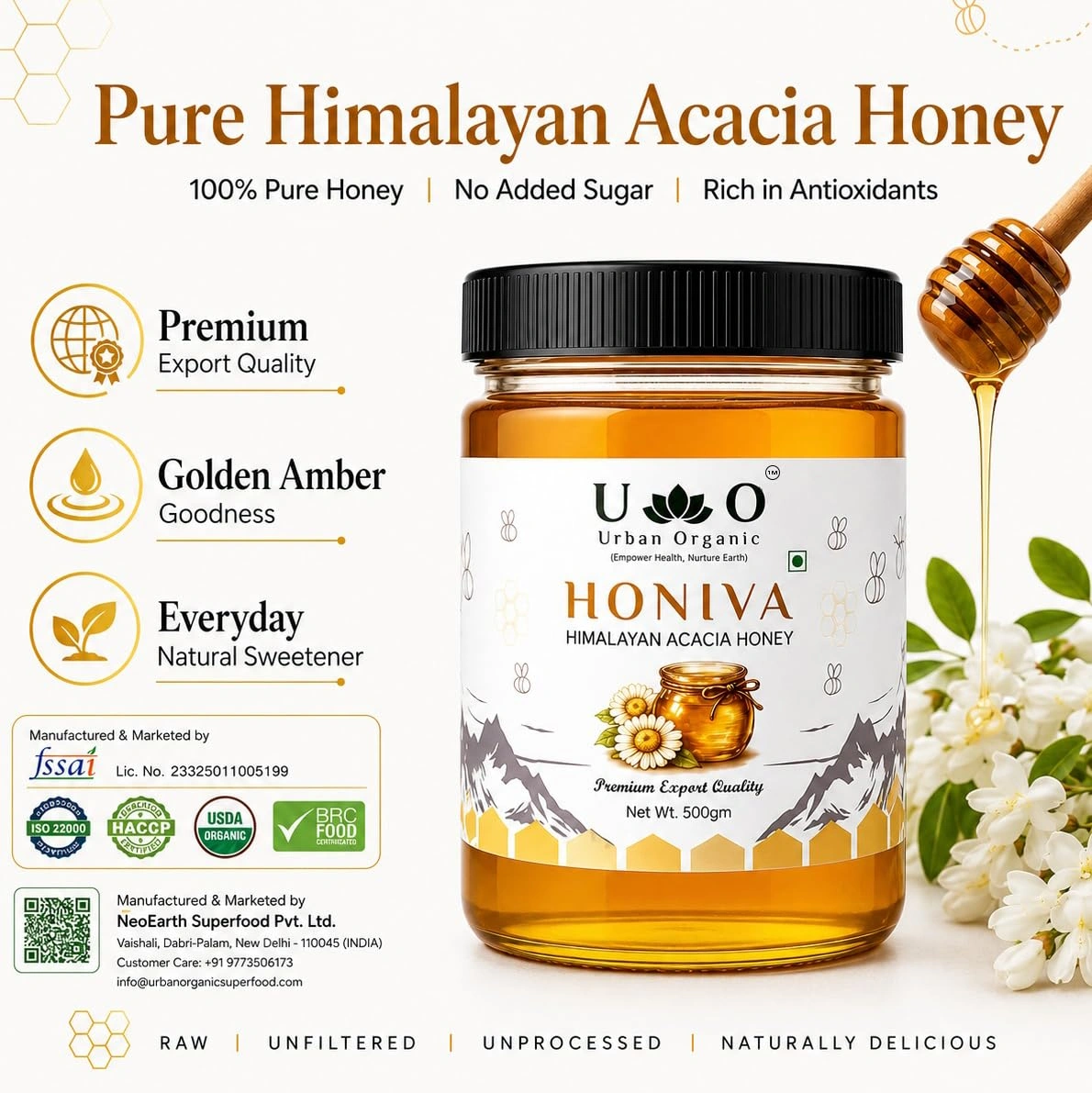 Urban Organic HONIVA Himalayan Acacia Honey 500g | 100% Pure Raw Honey | No Added Sugar, Rich in Antioxidants | Natural Sweetener for Daily Health & Immunity - Image 3