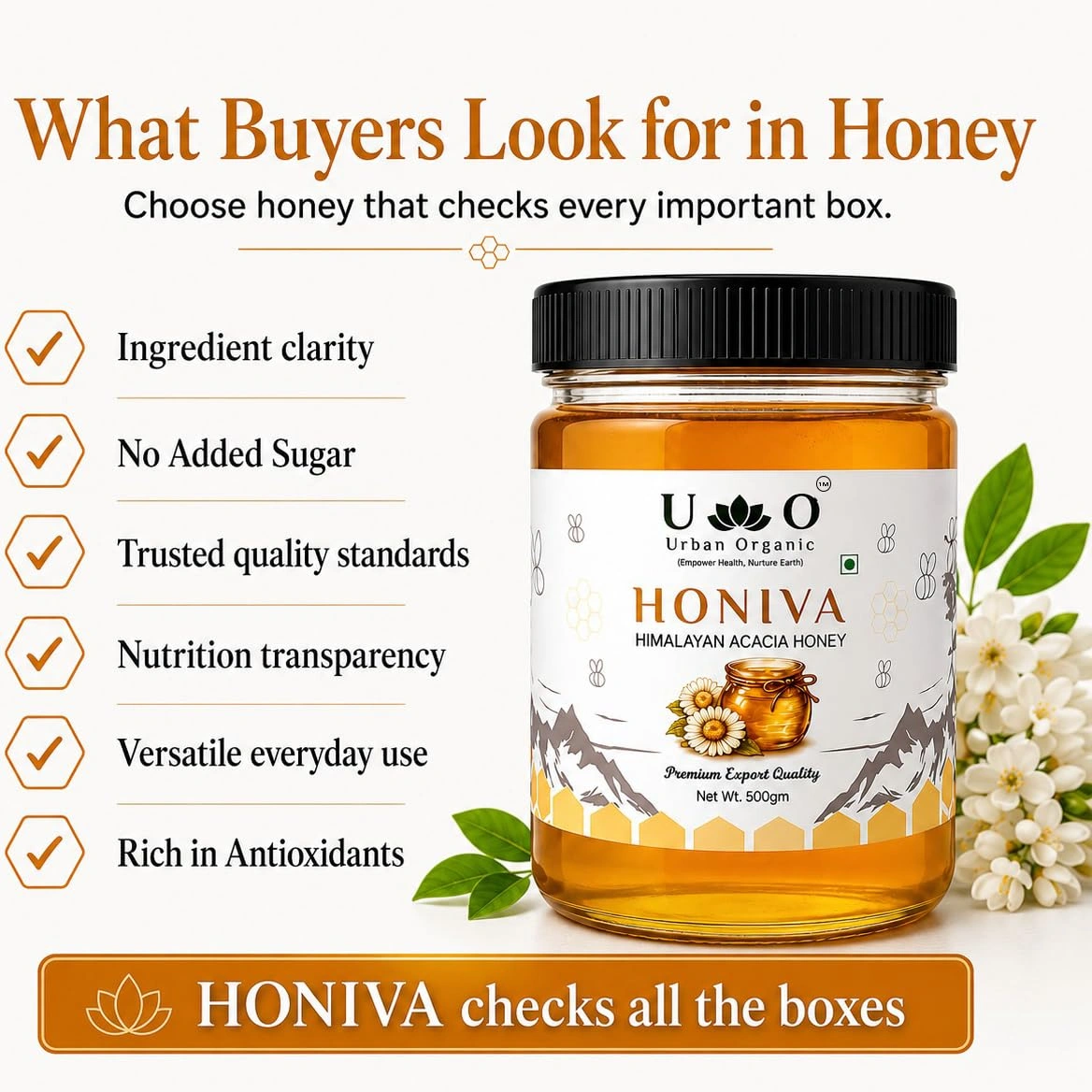 Urban Organic HONIVA Himalayan Acacia Honey 500g | 100% Pure Raw Honey | No Added Sugar, Rich in Antioxidants | Natural Sweetener for Daily Health & Immunity - Image 2