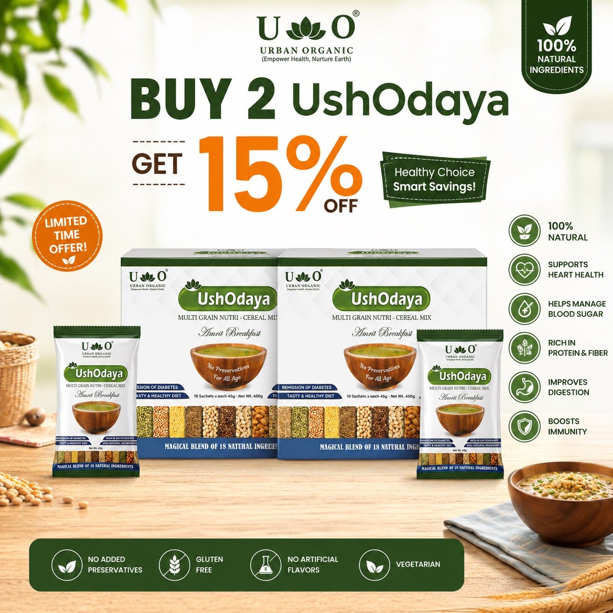 Buy 2 UshOdaya Multi Grain Nutri-Cereal Mix (450g Each) & Get 15% OFF | Healthy Breakfast Combo | Urban Organic