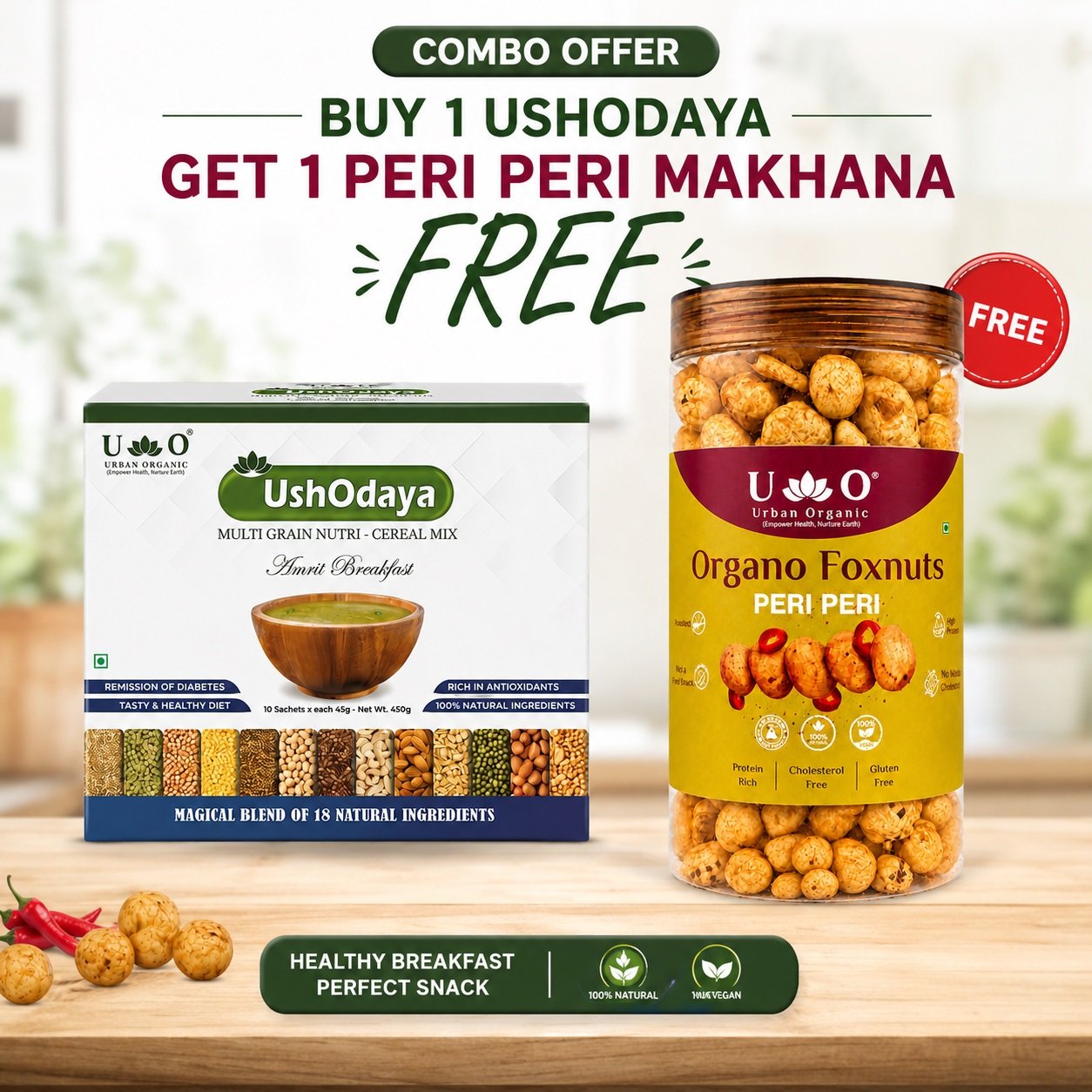 Urban Organic Buy 1 UshOdaya Get 1 Peri Peri Makhana FREE | Healthy Breakfast & Protein Snack Combo