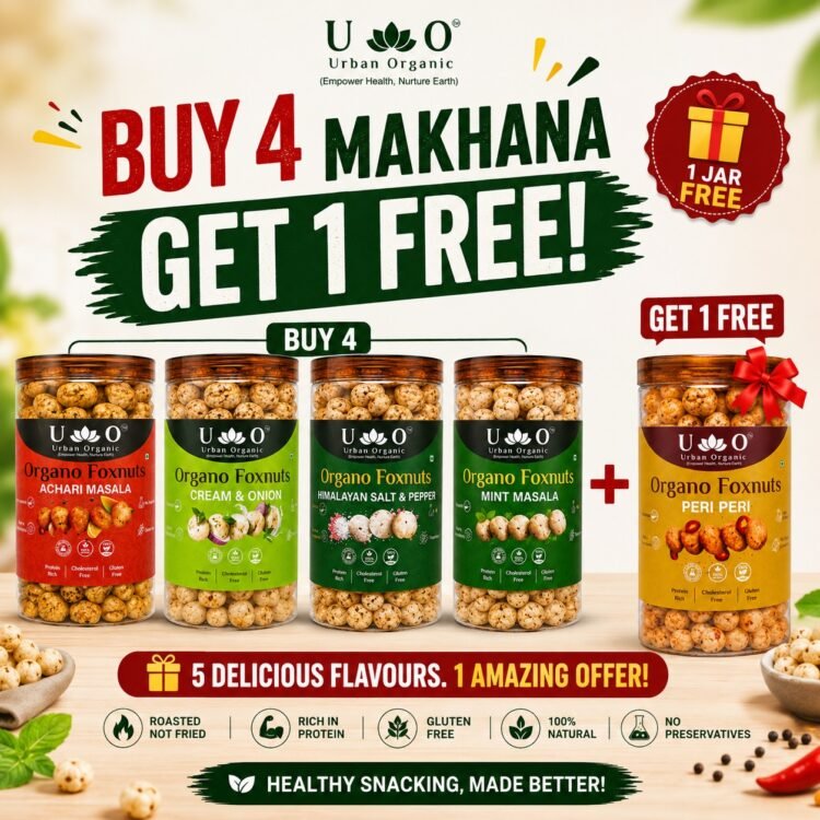 Urban Organic Organo Foxnuts Combo Pack | Buy Any 4 Makhana Jars & Get 1 Jar FREE | High Protein Roasted Makhana | Mix & Match Flavours