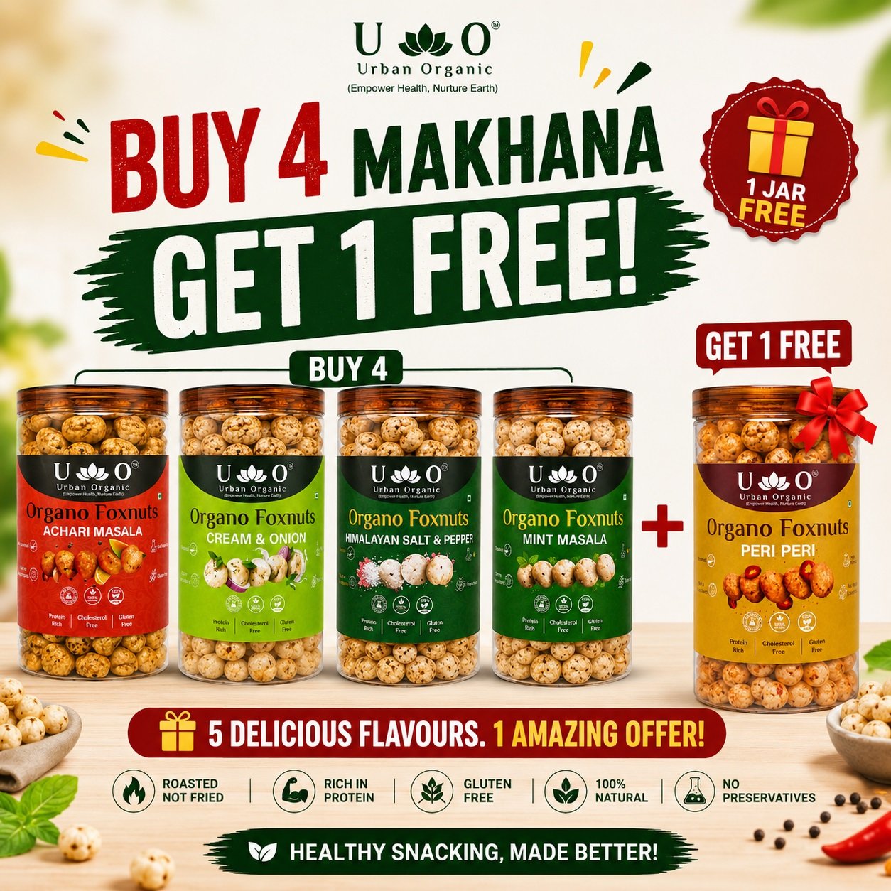 Urban Organic Organo Foxnuts Combo Pack | Buy Any 4 Makhana Jars & Get 1 Jar FREE | High Protein Roasted Makhana | Mix & Match Flavours