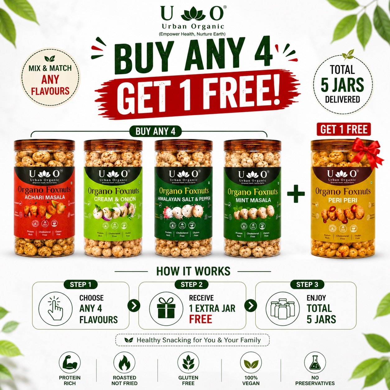 Urban Organic Organo Foxnuts Combo Pack | Buy Any 4 Makhana Jars & Get 1 Jar FREE | High Protein Roasted Makhana | Mix & Match Flavours - Image 2