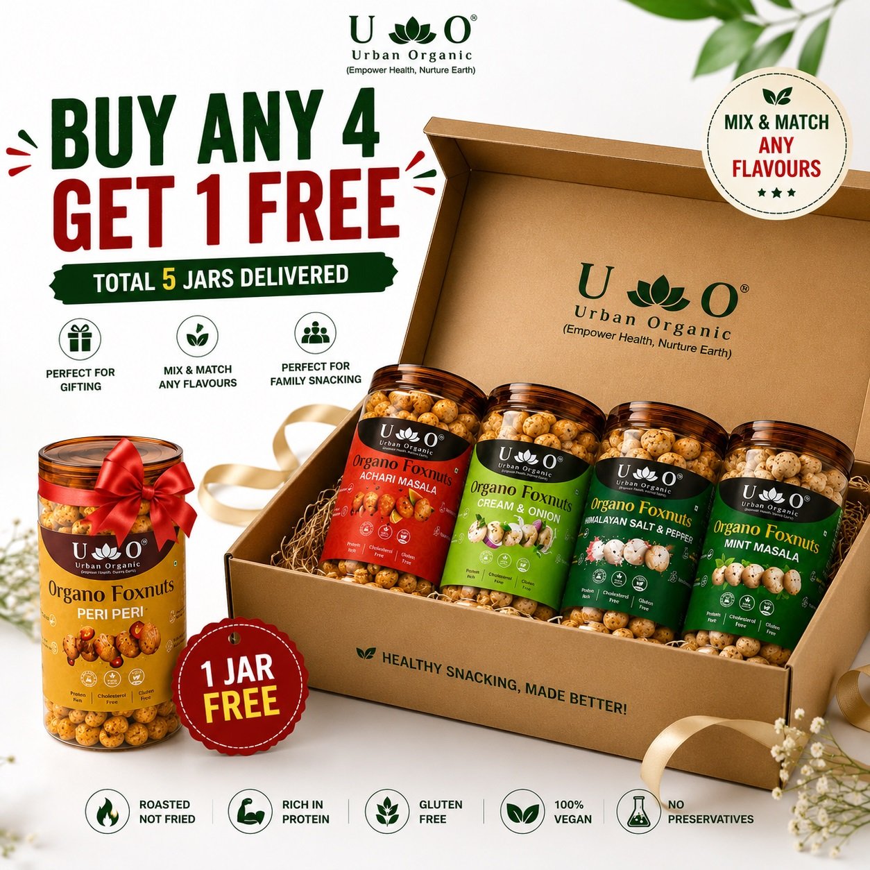 Urban Organic Organo Foxnuts Combo Pack | Buy Any 4 Makhana Jars & Get 1 Jar FREE | High Protein Roasted Makhana | Mix & Match Flavours - Image 3