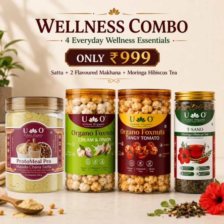 Wellness Combo: Masala Chana Sattu, 2 Roasted Makhana & Moringa Hibiscus Tea | ₹999